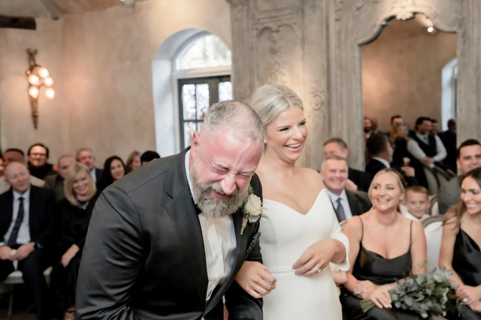 David and Joanne on their wedding day at Le Petit Château, Northumberland