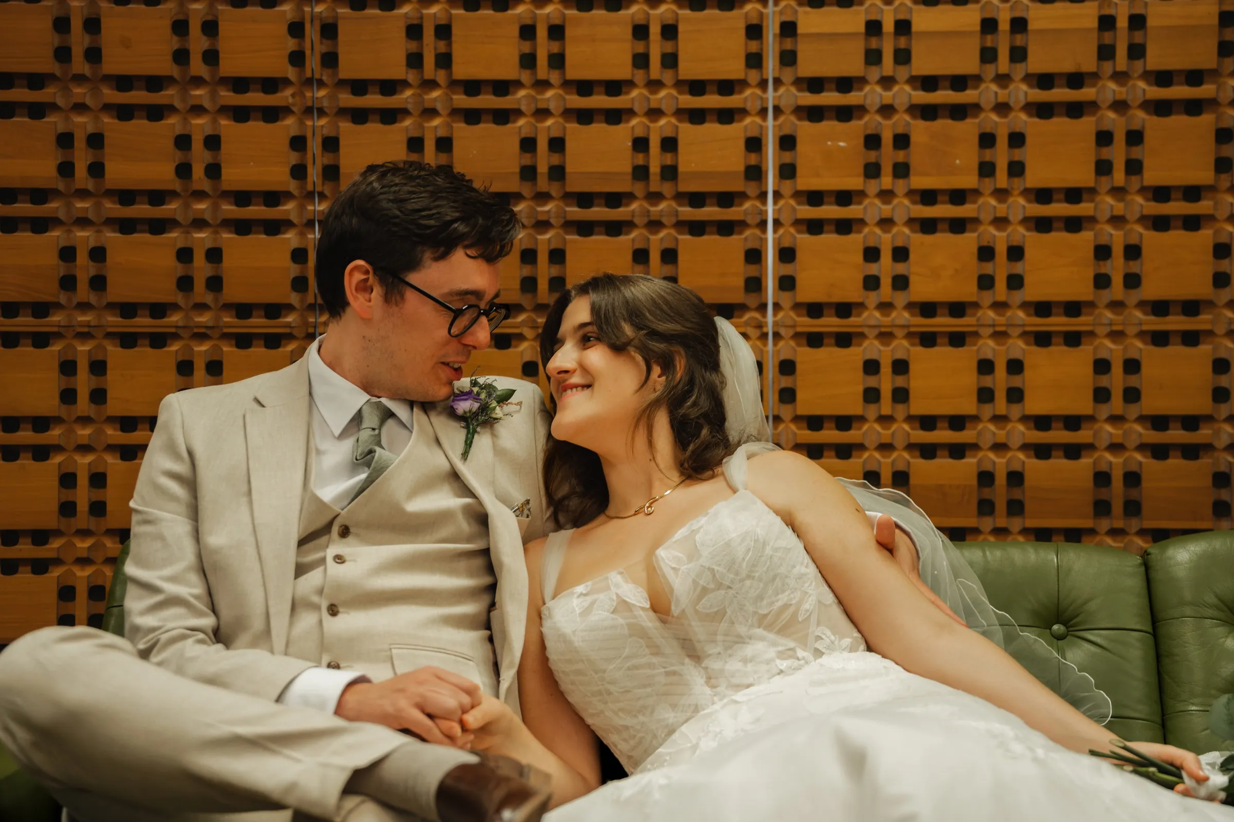 Ben and Tiffany relaxing together during their small Newcastle city-centre wedding